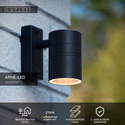 Lucide ARNE-LED - Wandspot / Wandlamp Binnen/Buiten - Ø 6,3 cm - LED - GU10 - 1x5W 2700K - IP44 - Zwart